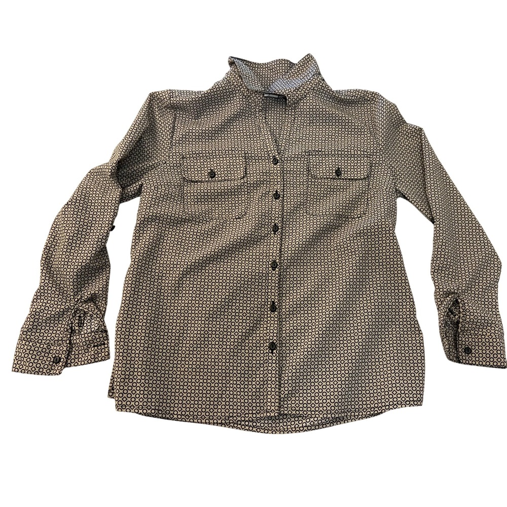 Studio Works Womens Geometric Print Button Up Blouse Tan Black Long Sleeve M